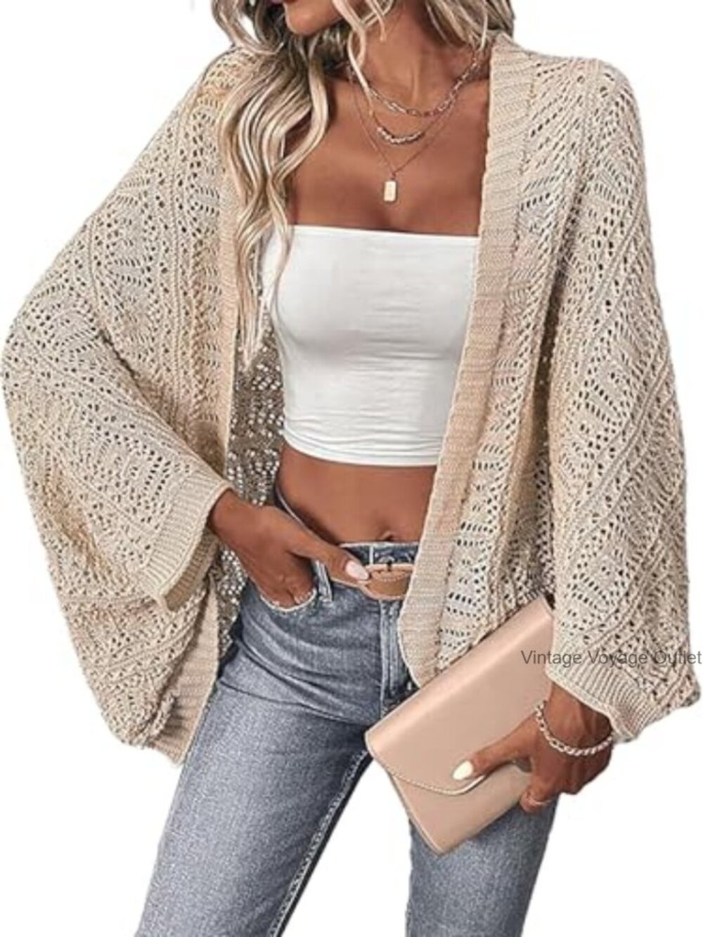 Crochet Knit Dolman Sleeve Loose Fit Long Cardigan Sweater Open Front